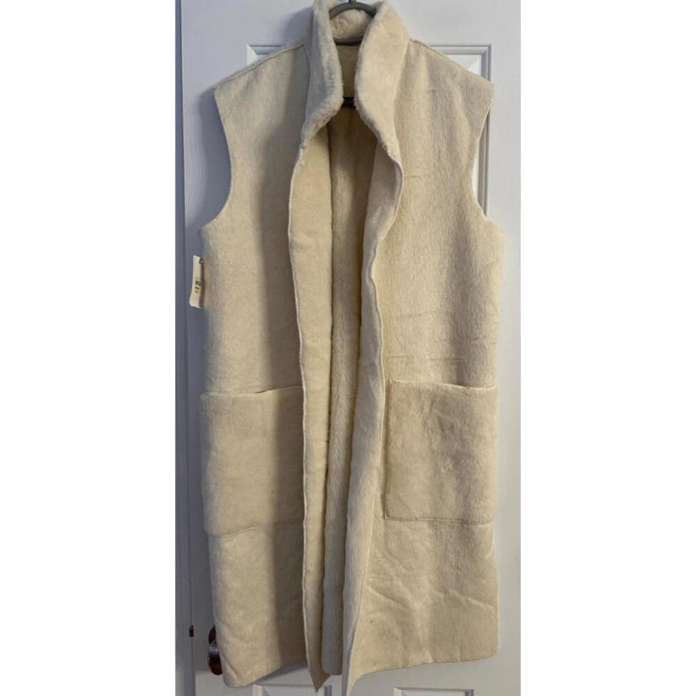 NWT Made in France Women's Faux Fur Long Vest Open Front Split Side Lark Ecru M